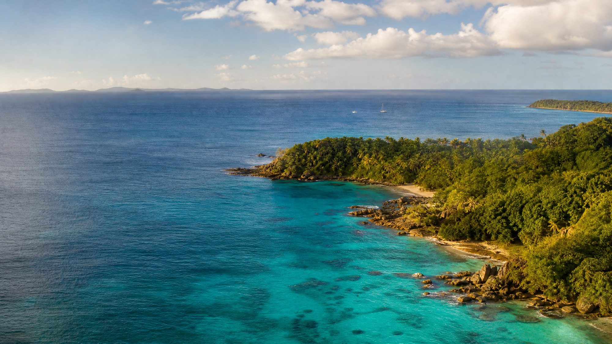 Turquoise coastline and small island seen from above