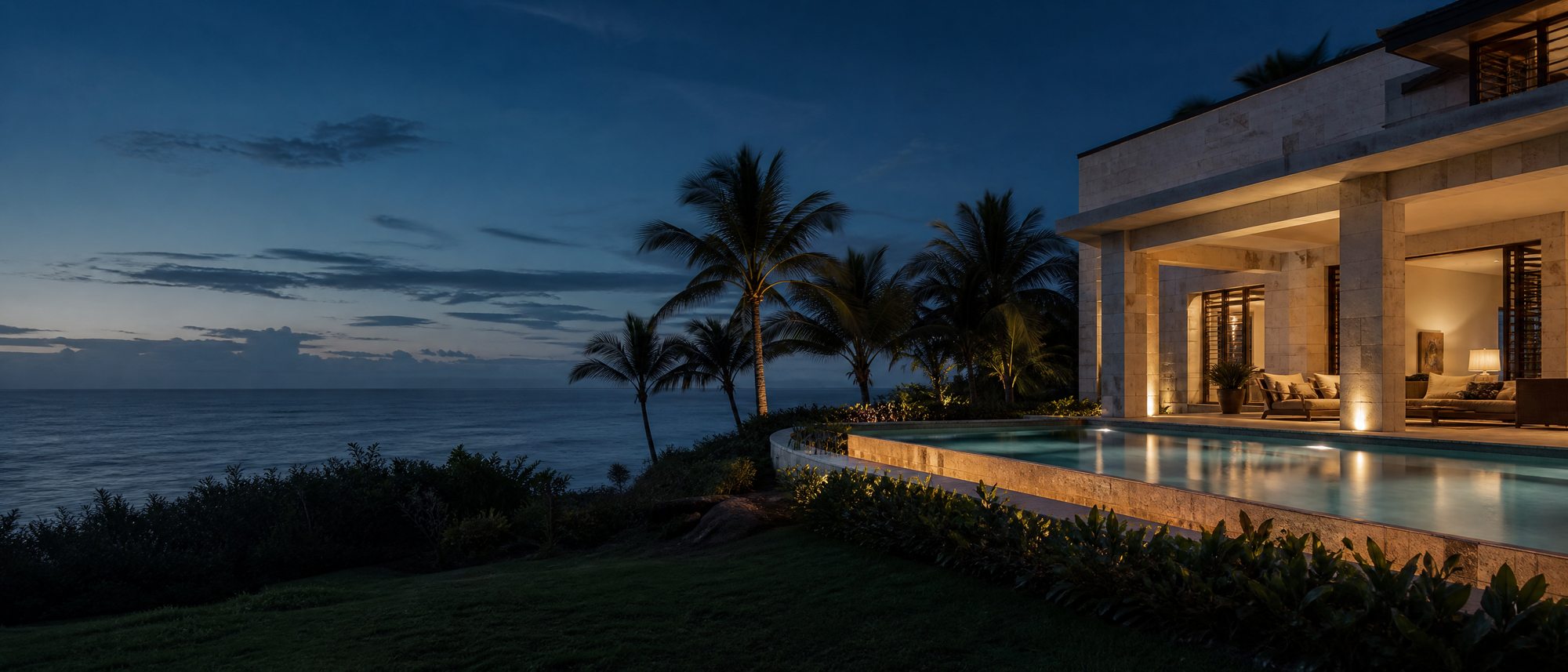 Tropical oceanfront villa at twilight