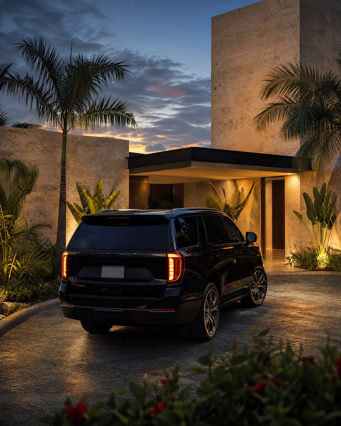 Private SUV outside a contemporary residence at dusk